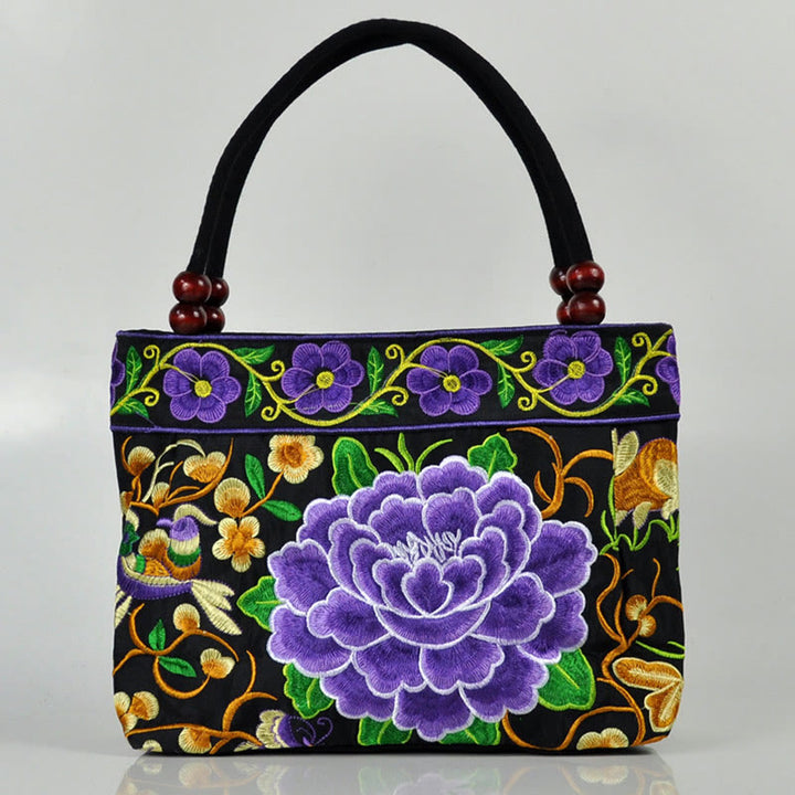Sac à main en toile de coton avec broderie recto verso , Buddha Stones, arbre à argent, pivoine, phénix, fleur de pommier