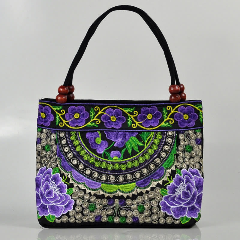 Sac à main en toile de coton avec broderie recto verso , Buddha Stones, arbre à argent, pivoine, phénix, fleur de pommier