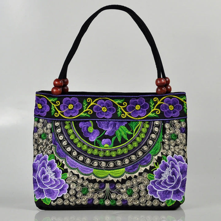 Sac à main en toile de coton avec broderie recto verso , Buddha Stones, arbre à argent, pivoine, phénix, fleur de pommier