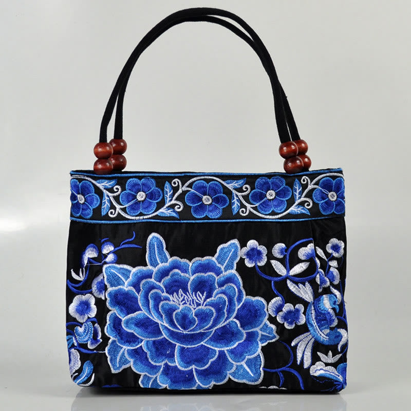 Sac à main en toile de coton avec broderie recto verso , Buddha Stones, arbre à argent, pivoine, phénix, fleur de pommier