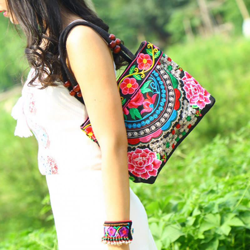 Sac à main en toile de coton avec broderie recto verso , Buddha Stones, arbre à argent, pivoine, phénix, fleur de pommier