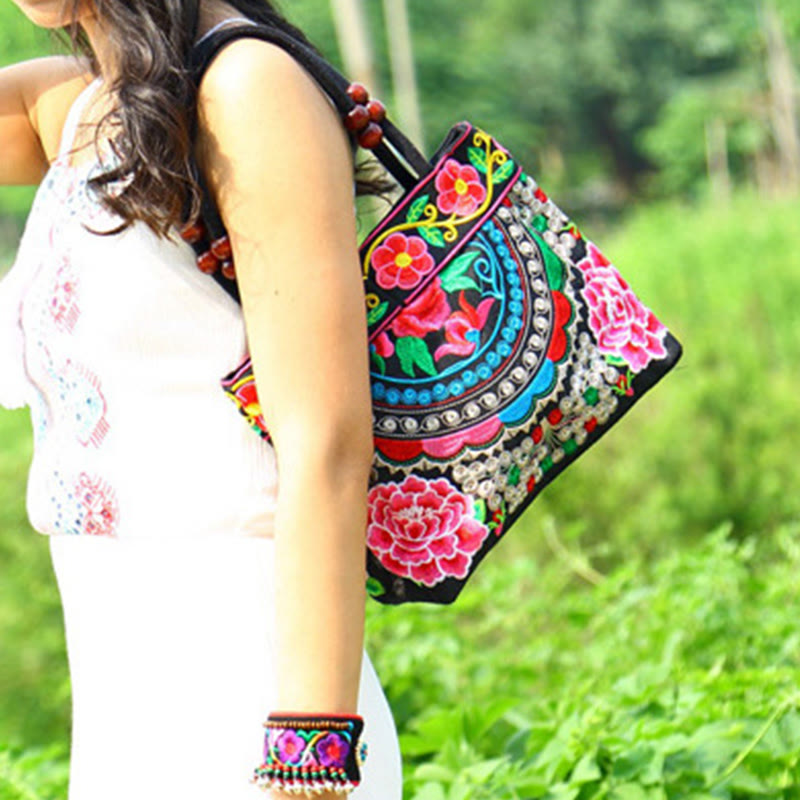 Sac à main en toile de coton avec broderie recto verso , Buddha Stones, arbre à argent, pivoine, phénix, fleur de pommier