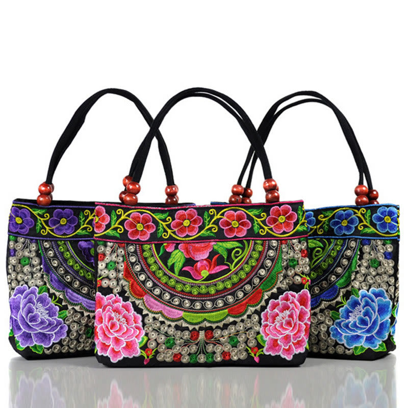 Sac à main en toile de coton avec broderie recto verso , Buddha Stones, arbre à argent, pivoine, phénix, fleur de pommier