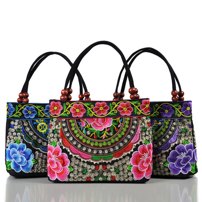 Sac à main en toile de coton avec broderie recto verso , Buddha Stones, arbre à argent, pivoine, phénix, fleur de pommier