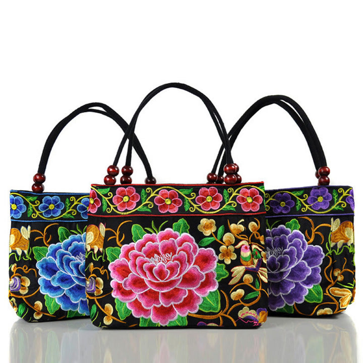 Sac à main en toile de coton avec broderie recto verso , Buddha Stones, arbre à argent, pivoine, phénix, fleur de pommier