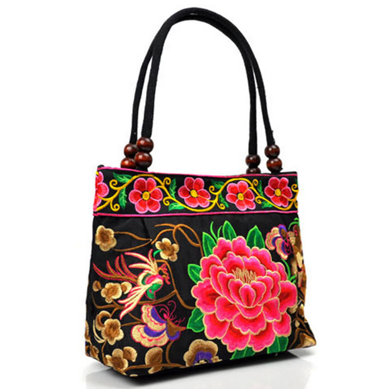 Sac à main en toile de coton avec broderie recto verso , Buddha Stones, arbre à argent, pivoine, phénix, fleur de pommier