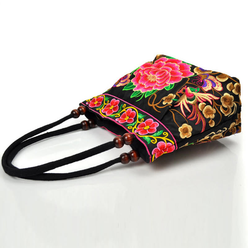Sac à main en toile de coton avec broderie recto verso , Buddha Stones, arbre à argent, pivoine, phénix, fleur de pommier