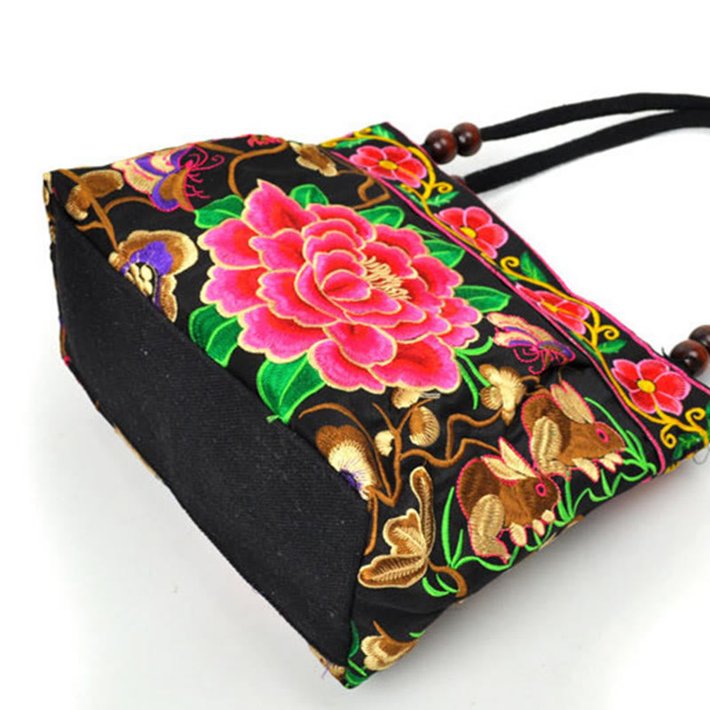 Sac à main en toile de coton avec broderie recto verso , Buddha Stones, arbre à argent, pivoine, phénix, fleur de pommier