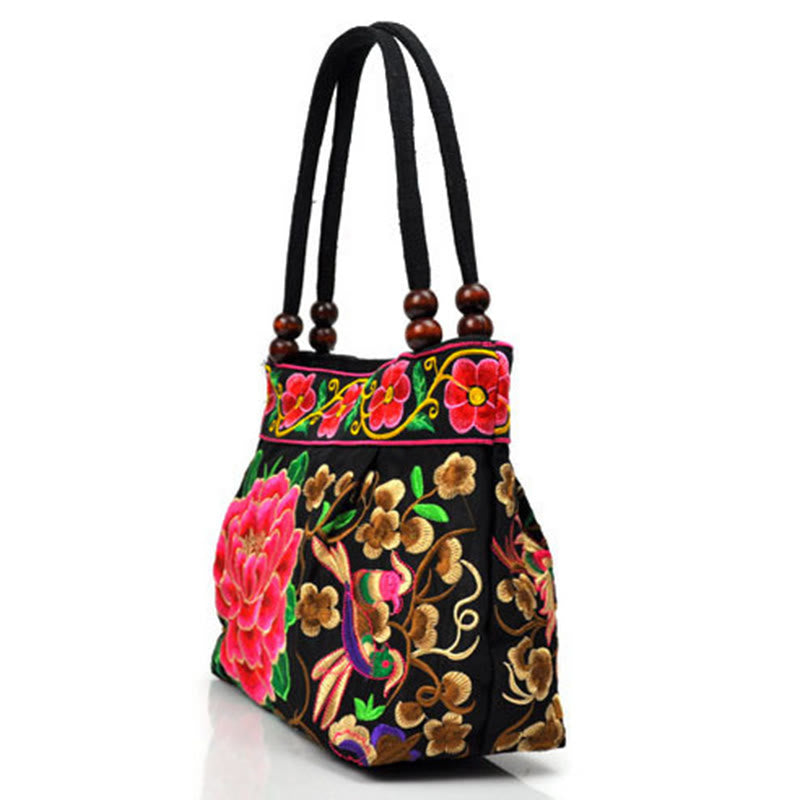Sac à main en toile de coton avec broderie recto verso , Buddha Stones, arbre à argent, pivoine, phénix, fleur de pommier