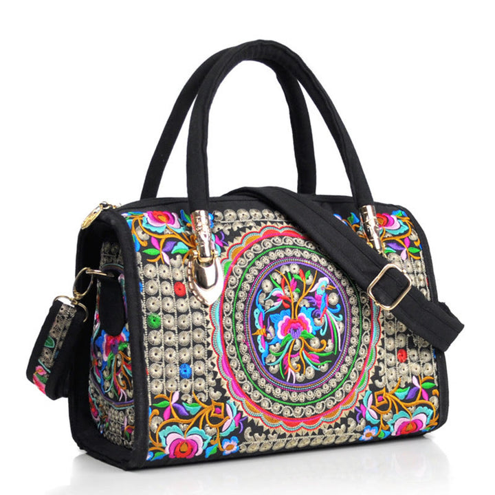 Sac à main en toile brodé recto verso Buddha Stones, arbre à argent, pivoine, camélia