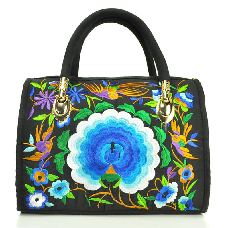 Sac à main en toile brodé recto verso Buddha Stones, arbre à argent, pivoine, camélia
