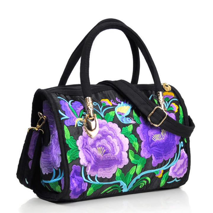 Sac à main en toile brodé recto verso Buddha Stones, arbre à argent, pivoine, camélia