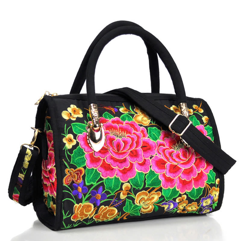 Sac à main en toile brodé recto verso Buddha Stones, arbre à argent, pivoine, camélia