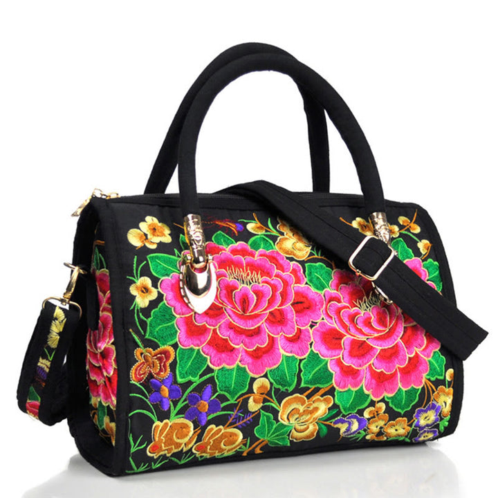 Sac à main en toile brodé recto verso Buddha Stones, arbre à argent, pivoine, camélia