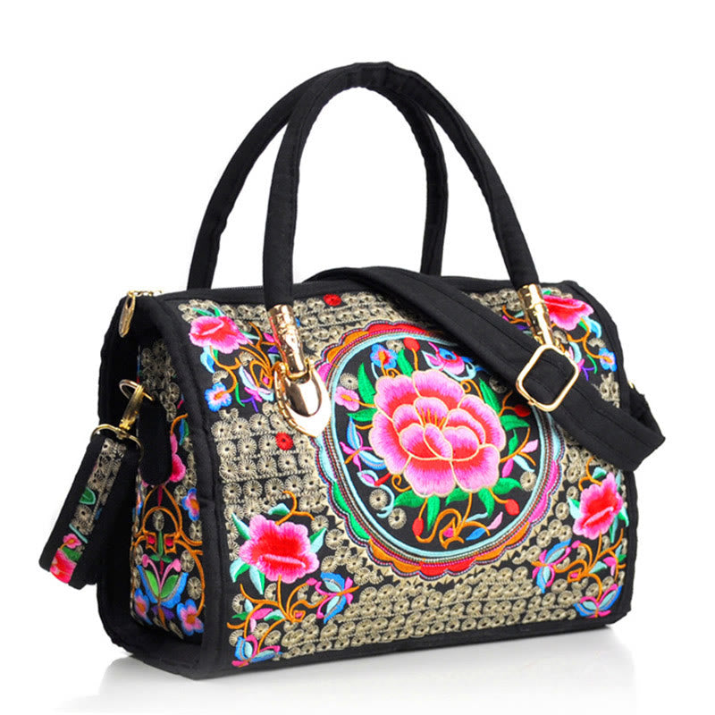 Sac à main en toile brodé recto verso Buddha Stones, arbre à argent, pivoine, camélia