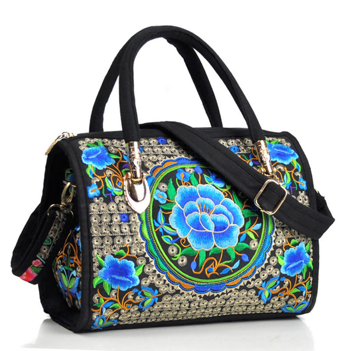 Sac à main en toile brodé recto verso Buddha Stones, arbre à argent, pivoine, camélia