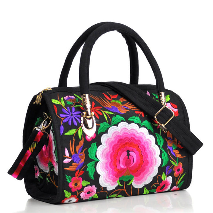 Sac à main en toile brodé recto verso Buddha Stones, arbre à argent, pivoine, camélia