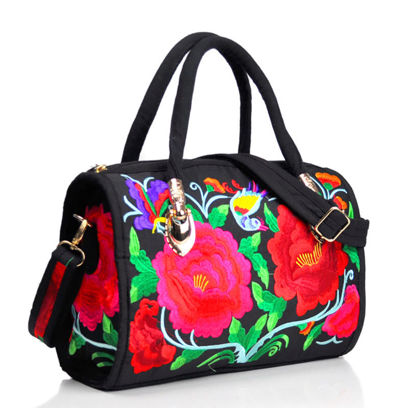 Sac à main en toile brodé recto verso Buddha Stones, arbre à argent, pivoine, camélia