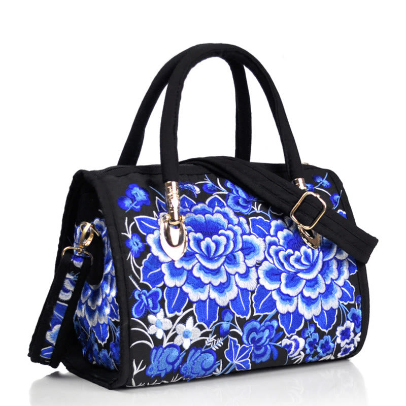 Sac à main en toile brodé recto verso Buddha Stones, arbre à argent, pivoine, camélia