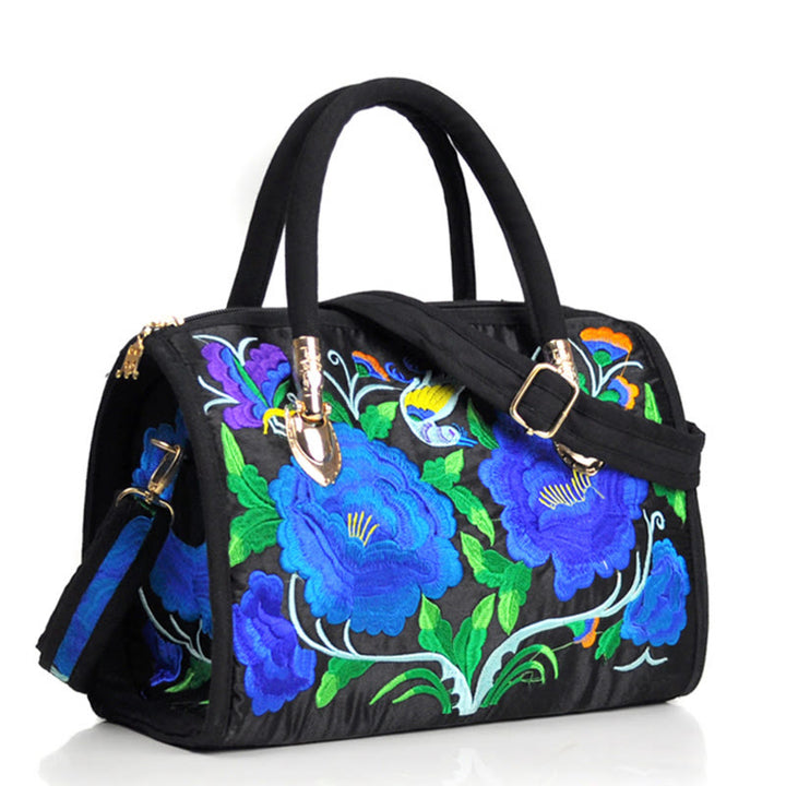 Sac à main en toile brodé recto verso Buddha Stones, arbre à argent, pivoine, camélia
