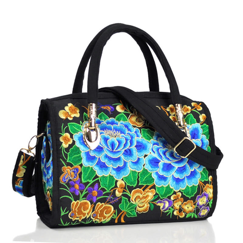 Sac à main en toile brodé recto verso Buddha Stones, arbre à argent, pivoine, camélia