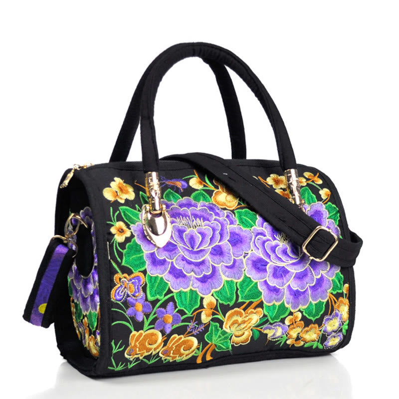 Sac à main en toile brodé recto verso Buddha Stones, arbre à argent, pivoine, camélia