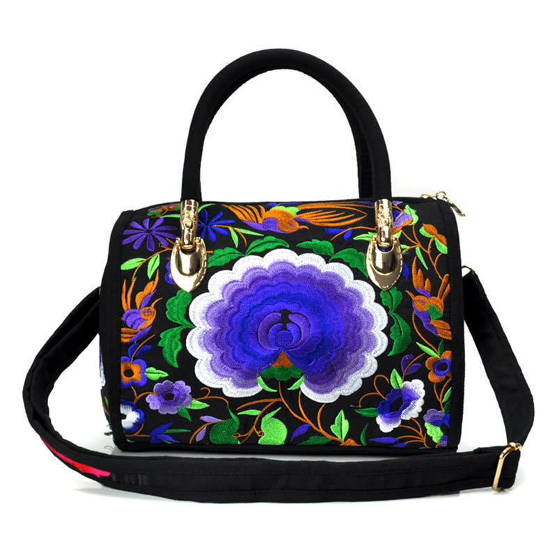 Sac à main en toile brodé recto verso Buddha Stones, arbre à argent, pivoine, camélia