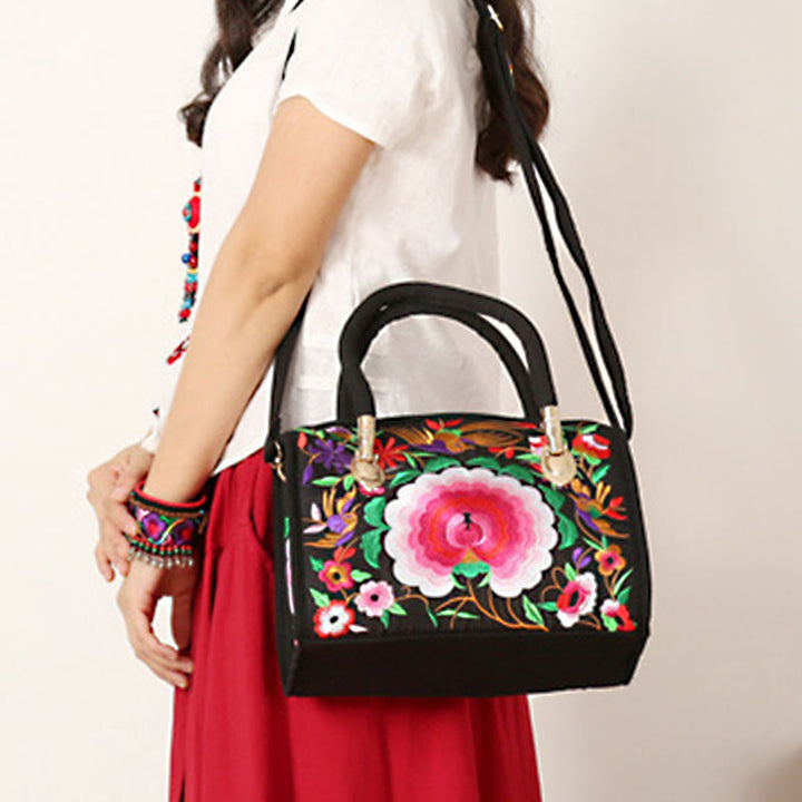 Sac à main en toile brodé recto verso Buddha Stones, arbre à argent, pivoine, camélia