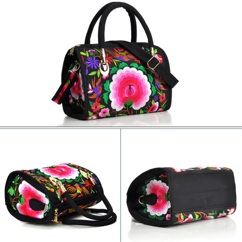 Sac à main en toile brodé recto verso Buddha Stones, arbre à argent, pivoine, camélia