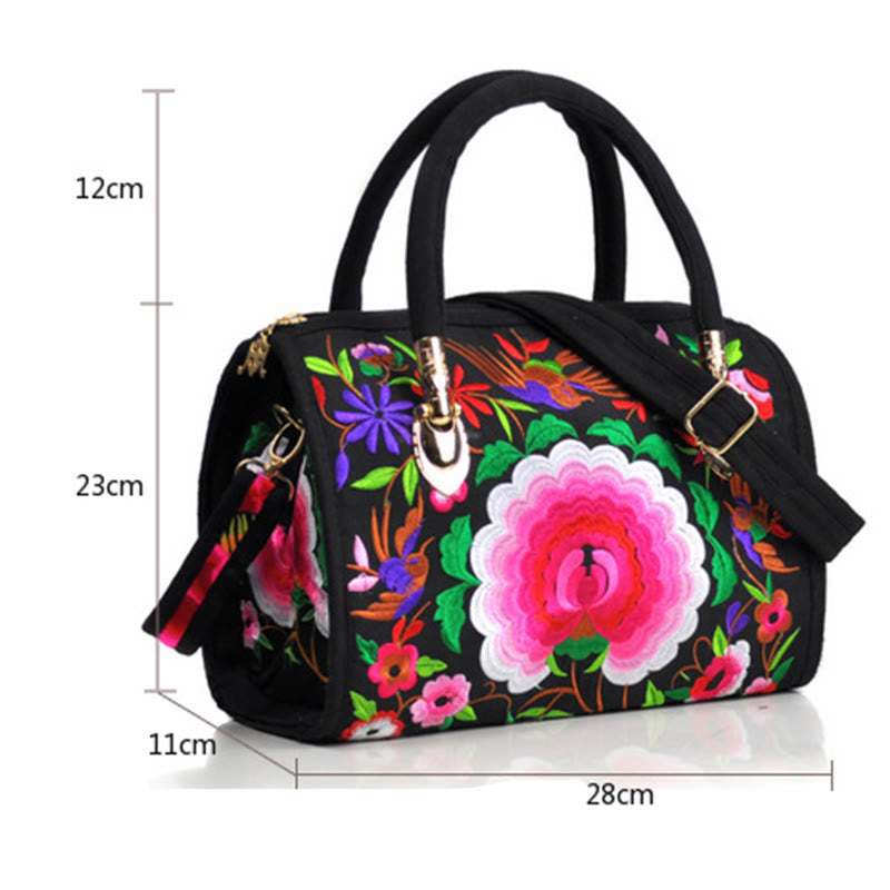 Sac à main en toile brodé recto verso Buddha Stones, arbre à argent, pivoine, camélia