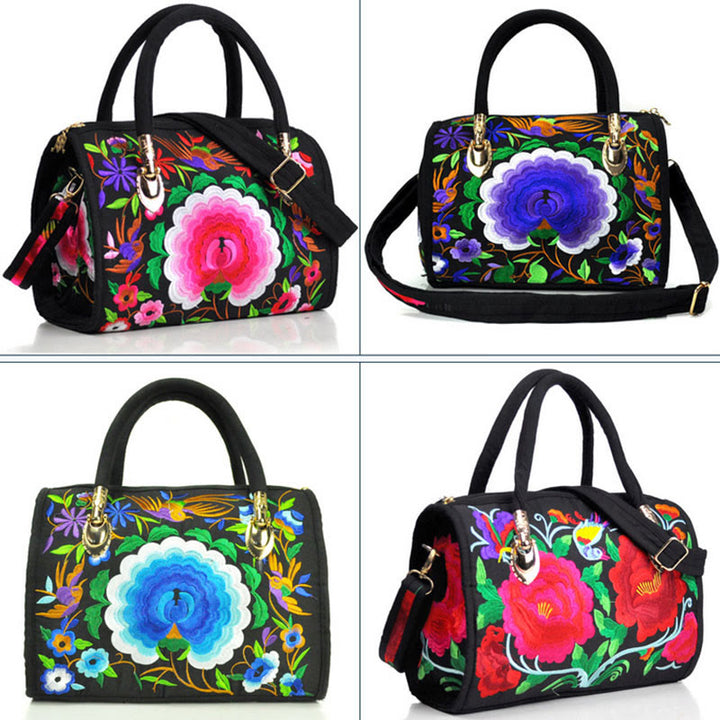 Sac à main en toile brodé recto verso Buddha Stones, arbre à argent, pivoine, camélia