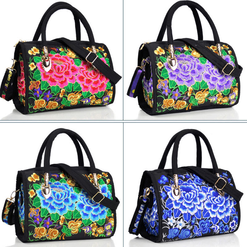 Sac à main en toile brodé recto verso Buddha Stones, arbre à argent, pivoine, camélia