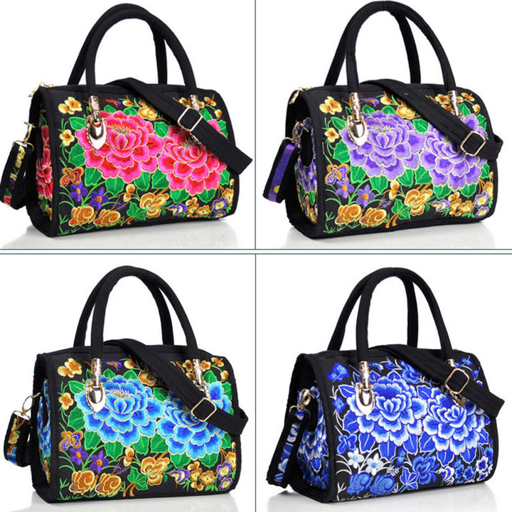 Sac à main en toile brodé recto verso Buddha Stones, arbre à argent, pivoine, camélia