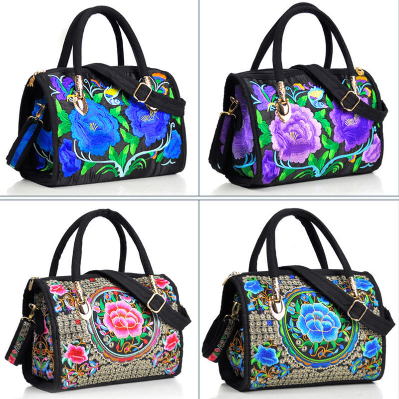 Sac à main en toile brodé recto verso Buddha Stones, arbre à argent, pivoine, camélia