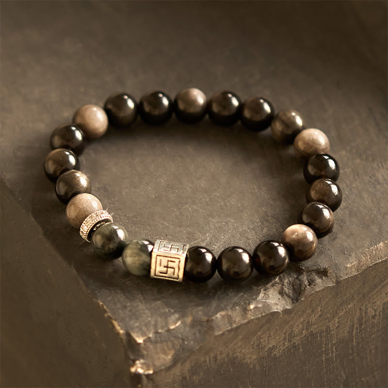 Bracelet force courage en obsidienne noire œil d'aigle Buddha Stones