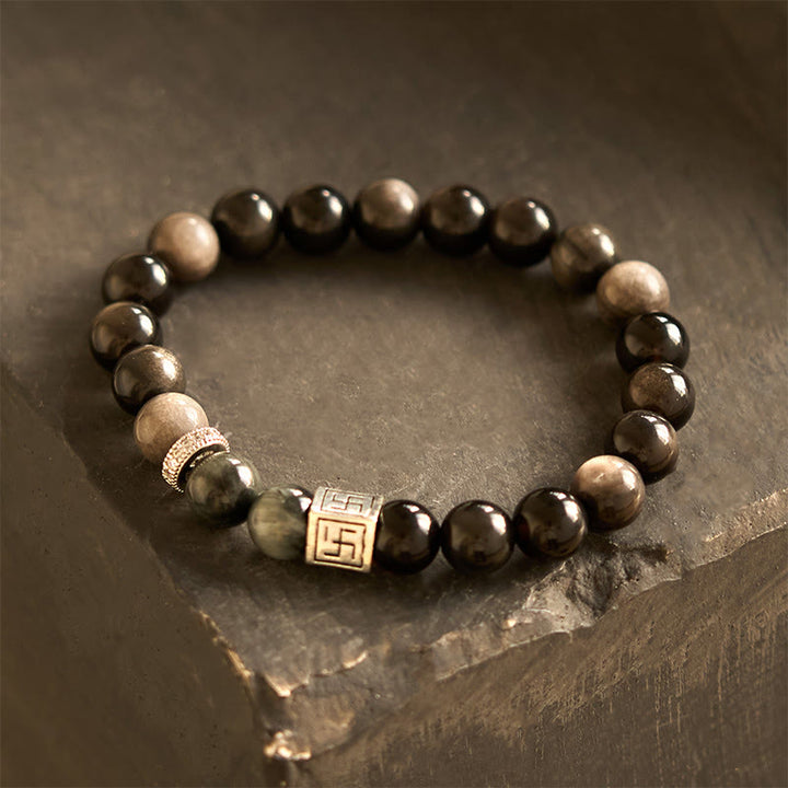Bracelet force courage en obsidienne noire œil d'aigle Buddha Stones