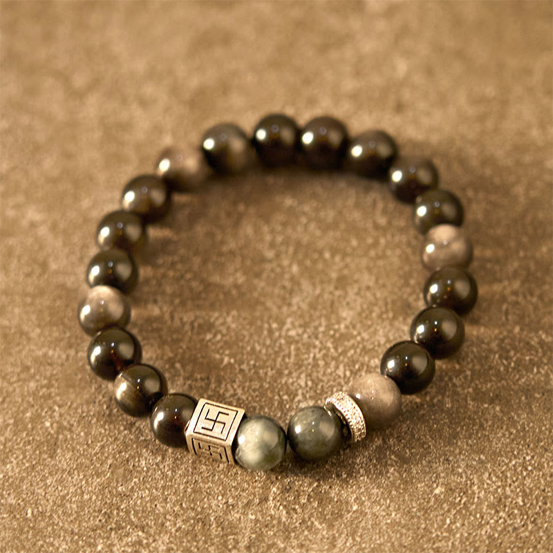 Bracelet force courage en obsidienne noire œil d'aigle Buddha Stones
