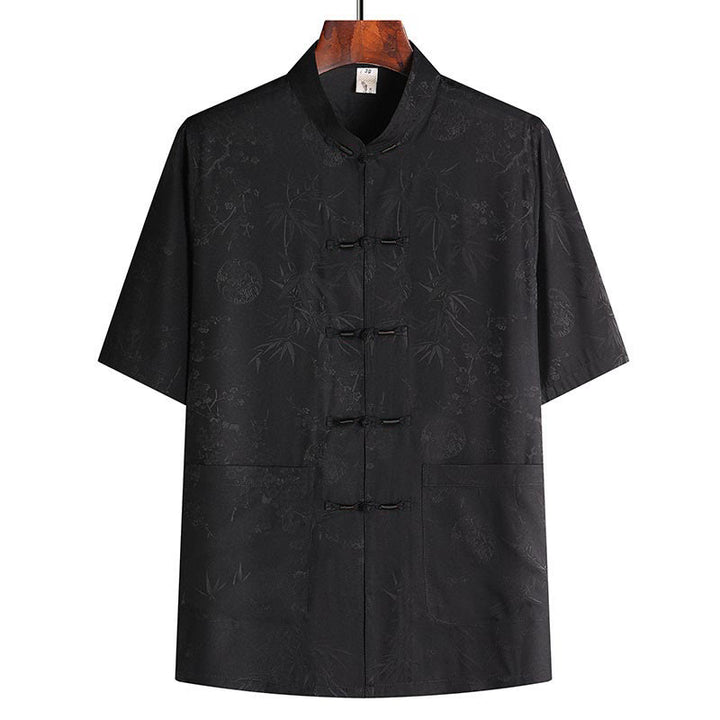 Costume Tang en bambou et fleurs de pêcher avec Buddha Stones, uniforme traditionnel Hanfu, haut à manches courtes et pantalon, ensemble pour hommes - Haut noir - US/UK/AU42，EU52 (3XL) - image 8