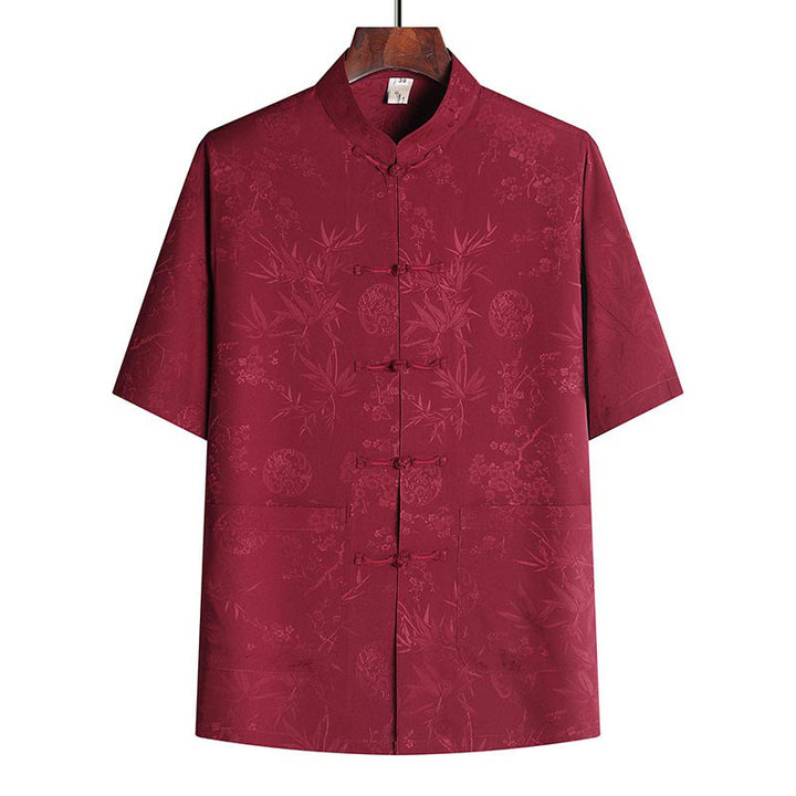 Costume Tang en bambou et fleurs de pêcher avec Buddha Stones, uniforme traditionnel Hanfu, haut à manches courtes et pantalon, ensemble pour hommes - Haut rouge - US/UK/AU42，EU52 (3XL) - image 6