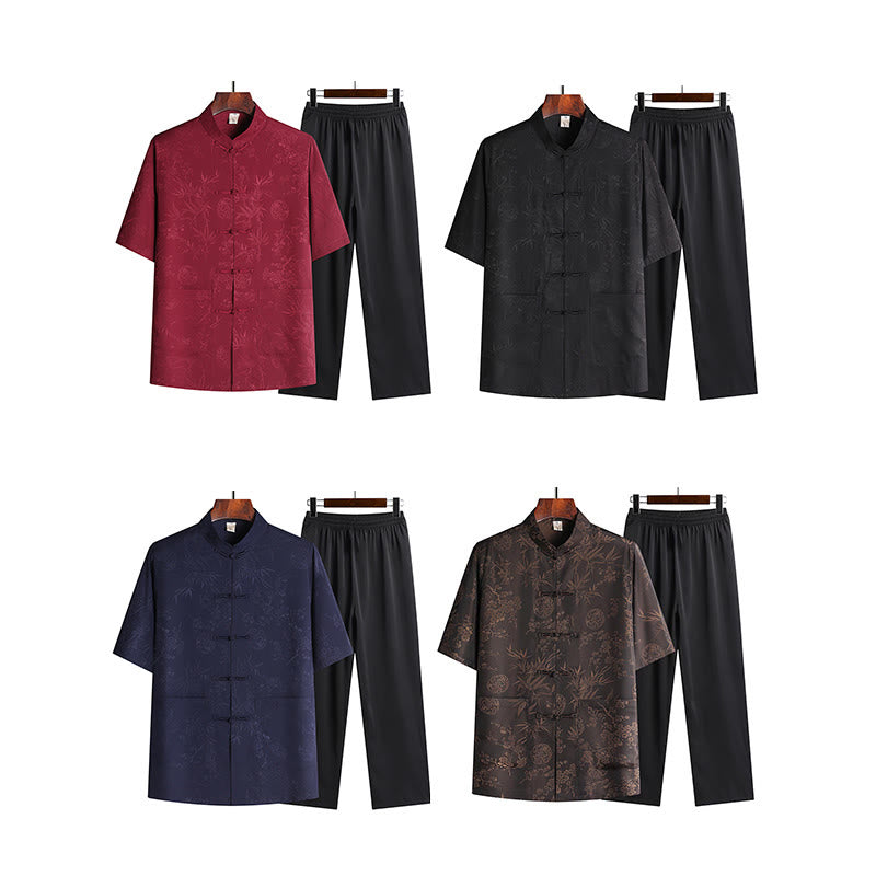 Costume Tang en bambou et fleurs de pêcher avec Buddha Stones, uniforme traditionnel Hanfu, haut à manches courtes et pantalon, ensemble pour hommes - image 13