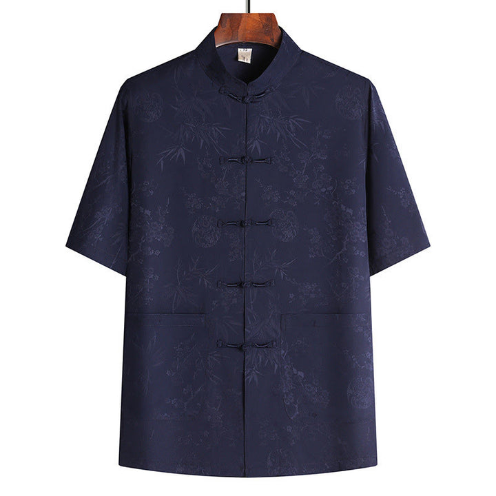 Costume Tang en bambou et fleurs de pêcher avec Buddha Stones, uniforme traditionnel Hanfu, haut à manches courtes et pantalon, ensemble pour hommes - Haut bleu marine - US/UK/AU42，EU52 (3XL) - image 7