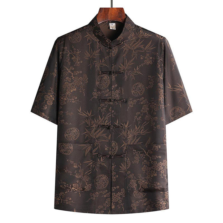 Costume Tang en bambou et fleurs de pêcher avec Buddha Stones, uniforme traditionnel Hanfu, haut à manches courtes et pantalon, ensemble pour hommes - Haut marron - US/UK/AU42，EU52 (3XL) - image 5