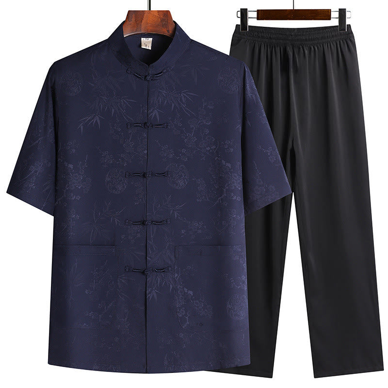 Costume Tang en bambou et fleurs de pêcher avec Buddha Stones, uniforme traditionnel Hanfu, haut à manches courtes et pantalon, ensemble pour hommes - Bleu marine (Haut et pantalon) - US/UK/AU42，EU52 (3XL) - image 4