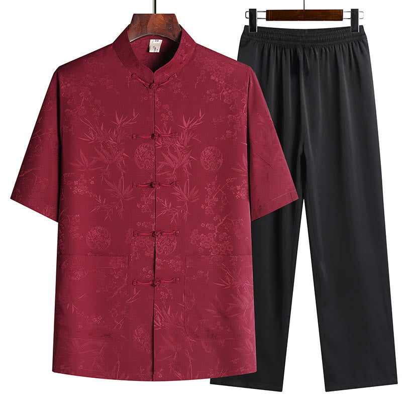 Costume Tang en bambou et fleurs de pêcher avec Buddha Stones, uniforme traditionnel Hanfu, haut à manches courtes et pantalon, ensemble pour hommes - Rouge (Haut et pantalon) - US/UK/AU42，EU52 (3XL) - image 1