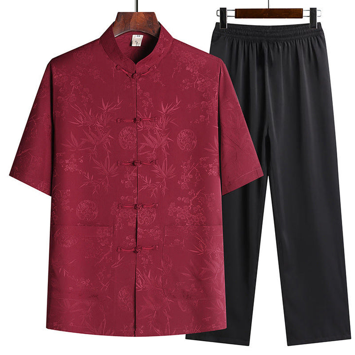 Costume Tang en bambou et fleurs de pêcher avec Buddha Stones, uniforme traditionnel Hanfu, haut à manches courtes et pantalon, ensemble pour hommes - Rouge (Haut et pantalon) - US/UK/AU42，EU52 (3XL) - image 1