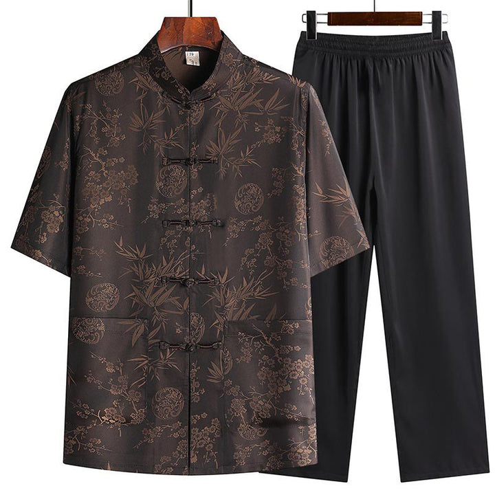Costume Tang en bambou et fleurs de pêcher avec Buddha Stones, uniforme traditionnel Hanfu, haut à manches courtes et pantalon, ensemble pour hommes - Marron (Haut et pantalon) - US/UK/AU42，EU52 (3XL) - image 0