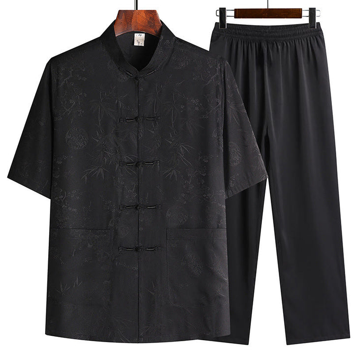Costume Tang en bambou et fleurs de pêcher avec Buddha Stones, uniforme traditionnel Hanfu, haut à manches courtes et pantalon, ensemble pour hommes - Noir (Haut et pantalon) - US/UK/AU42，EU52 (3XL) - image 2