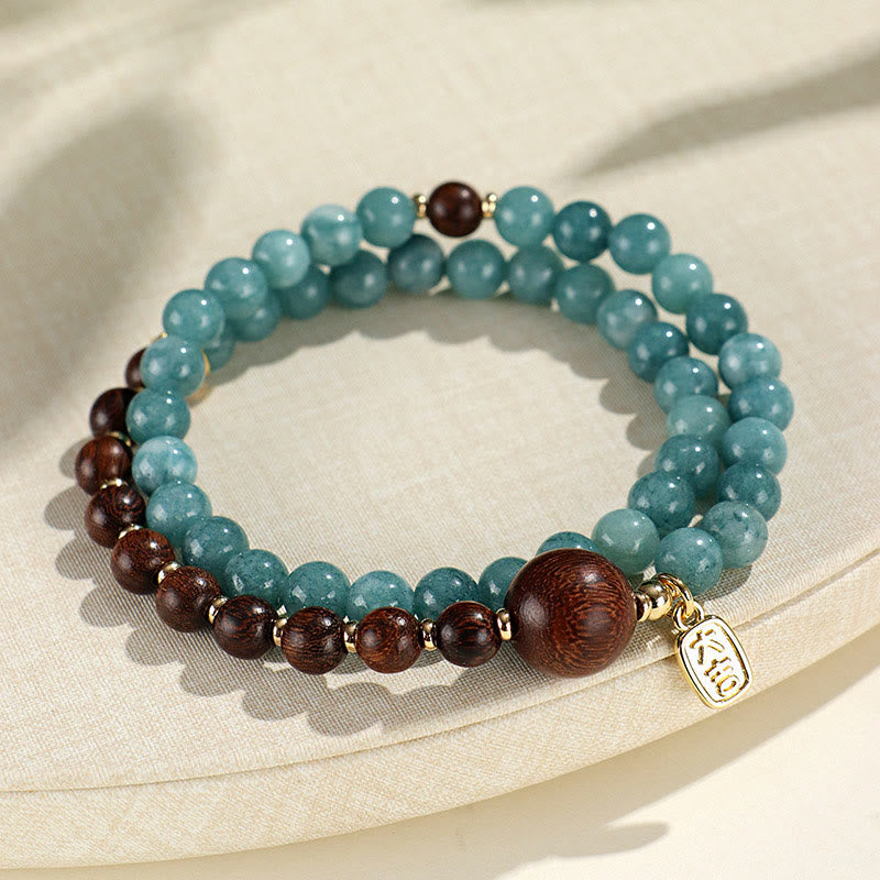 Bracelet double tour pour équilibre émotionnel en Buddha Stones, calcédoine bleue, bois de santal vert, petites feuilles, bois de santal rouge