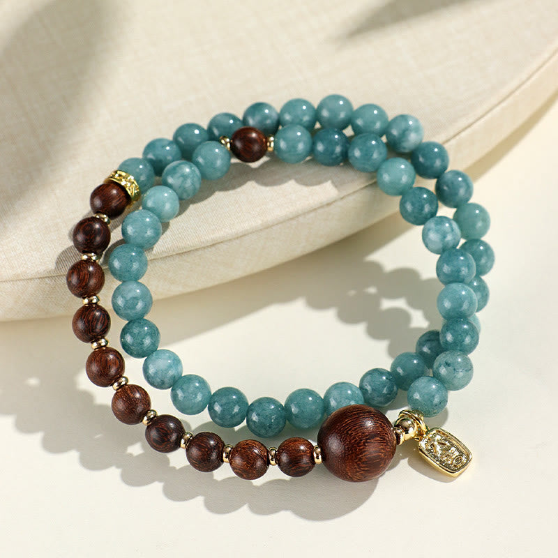 Bracelet double tour pour équilibre émotionnel en Buddha Stones, calcédoine bleue, bois de santal vert, petites feuilles, bois de santal rouge