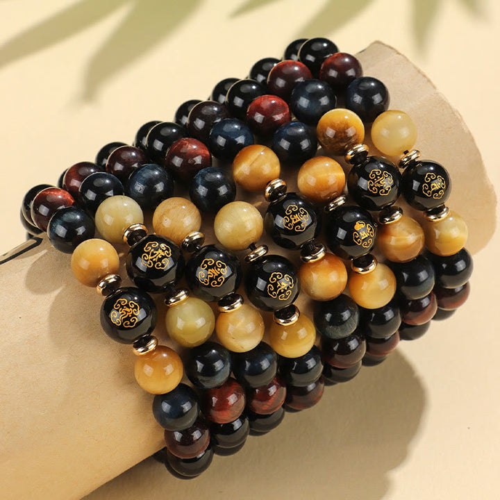 Bracelet de soutien Bouddha Natal en Buddha Stones en onyx noir et œil de tigre Om Mani Padme Hum du zodiaque chinois